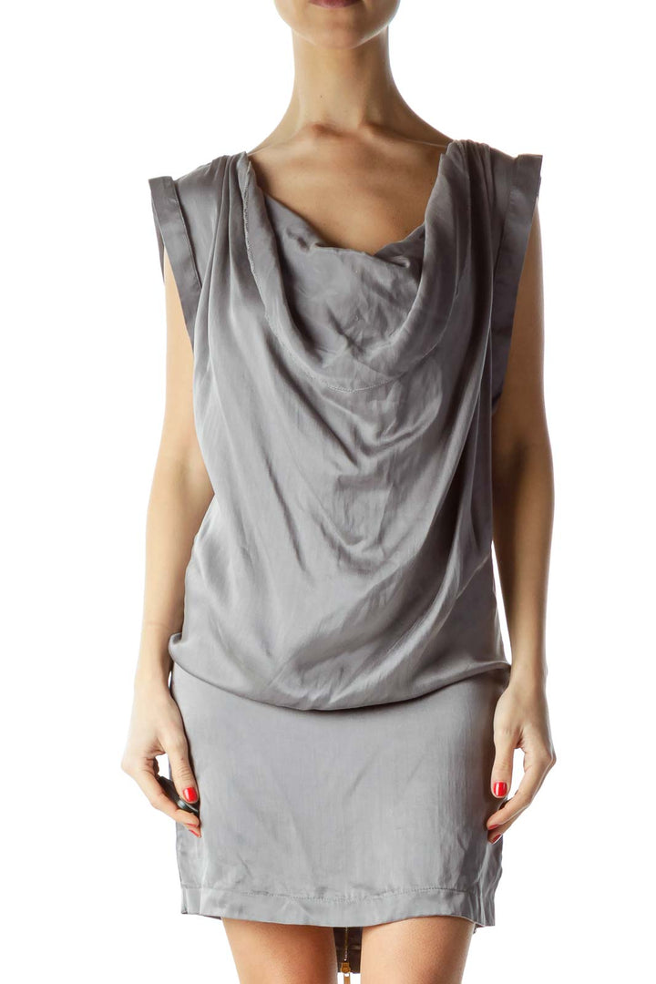 Gray Silk Zippered Boat Neck Cocktail Dress