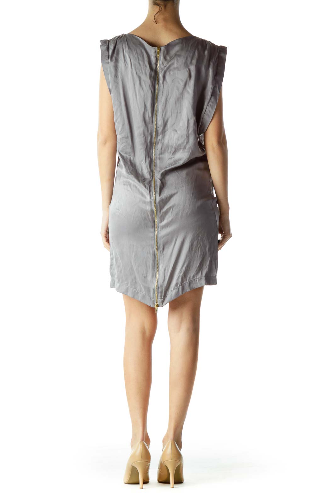 Gray Silk Zippered Boat Neck Cocktail Dress