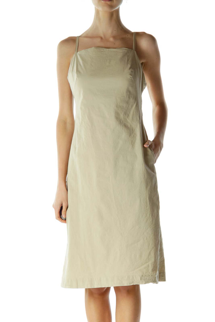 Beige Pocketed Spaghetti Strap Day Dress