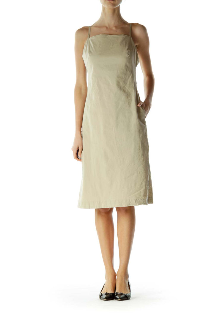 Beige Pocketed Spaghetti Strap Day Dress