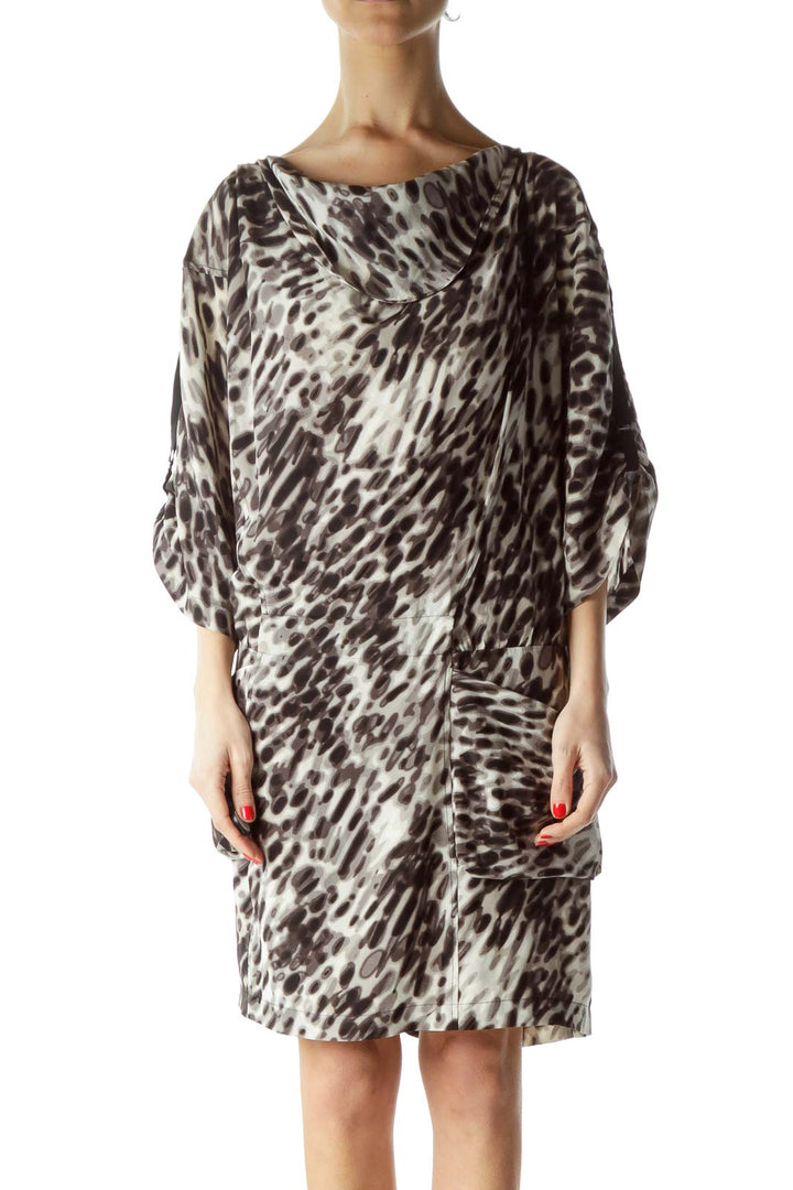 Black Gray Print 100% Silk Day Dress