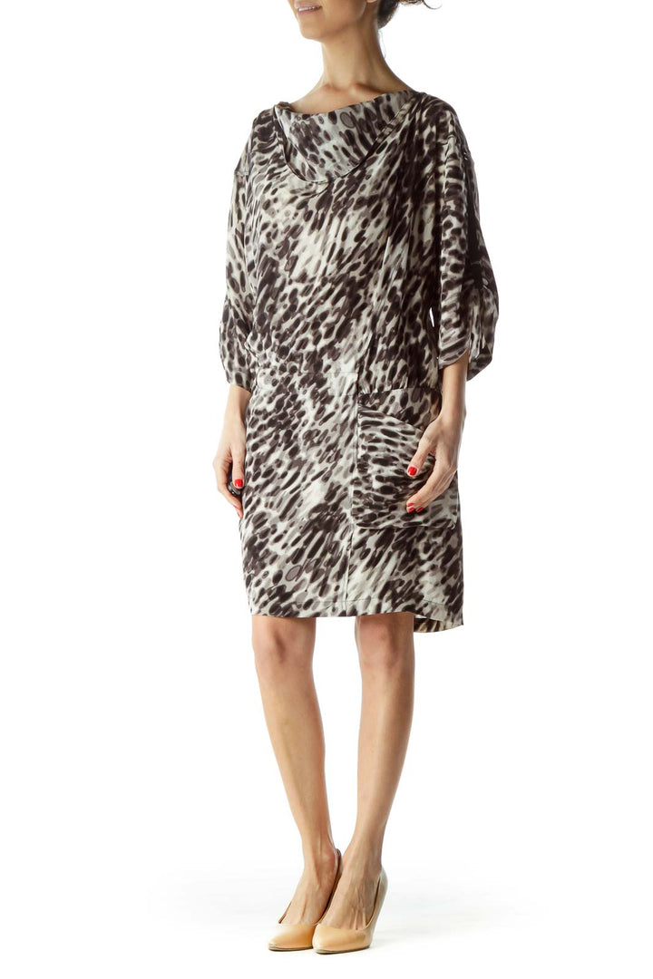 Black Gray Print 100% Silk Day Dress