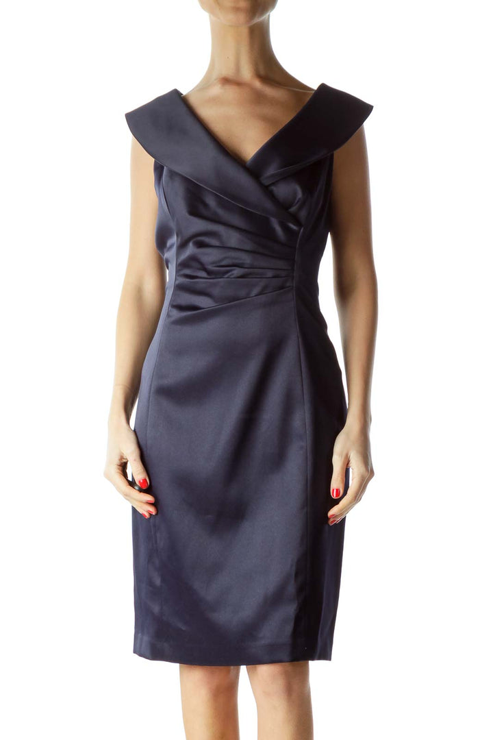 Navy Scrunched Collared Cocktail Dress