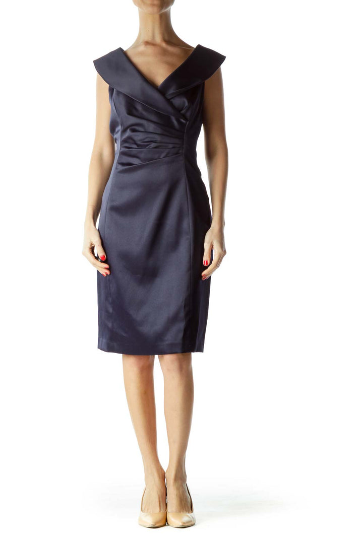 Navy Scrunched Collared Cocktail Dress