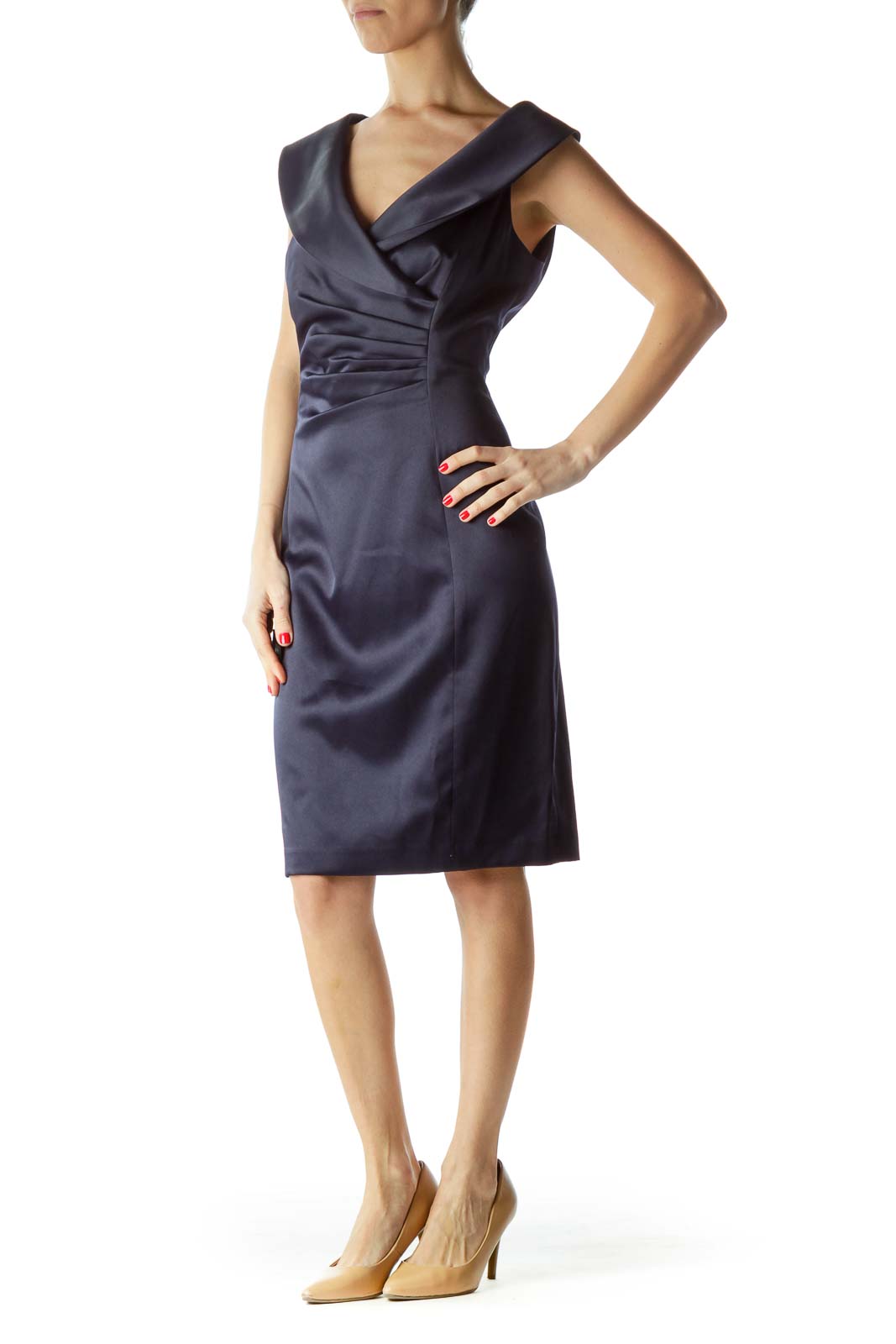 Navy Scrunched Collared Cocktail Dress