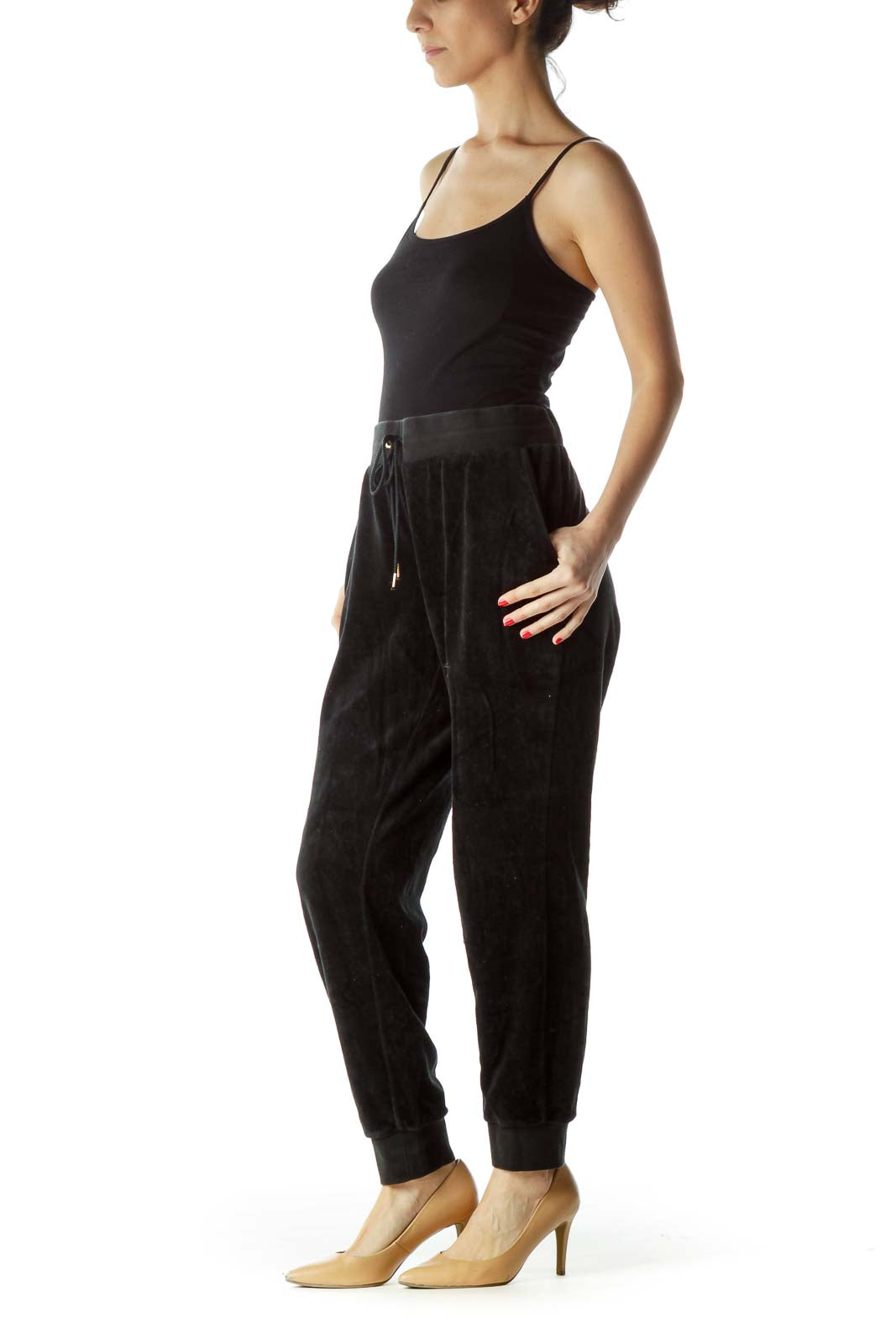 Black Drawstring Fleece Cropped Pants