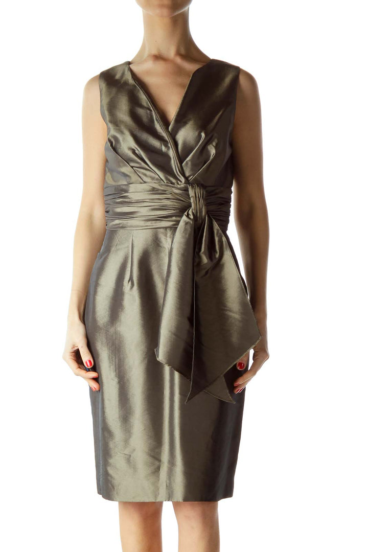 Green Satin Scrunched V-Neck Cocktail Dress