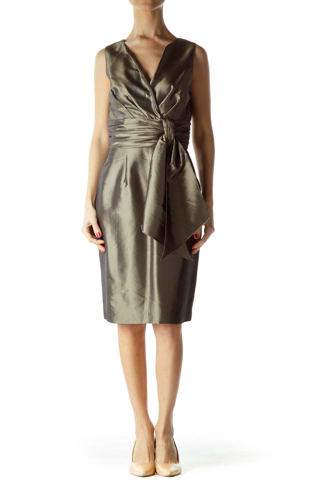 Green Satin Scrunched V-Neck Cocktail Dress