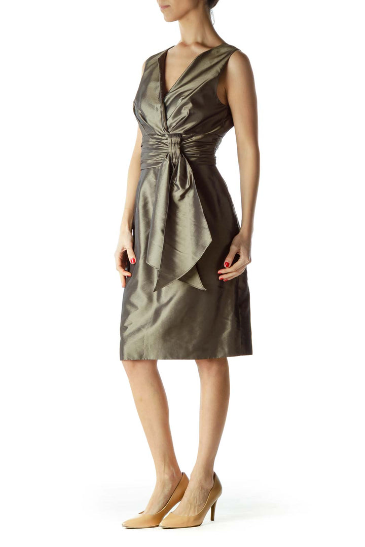 Green Satin Scrunched V-Neck Cocktail Dress