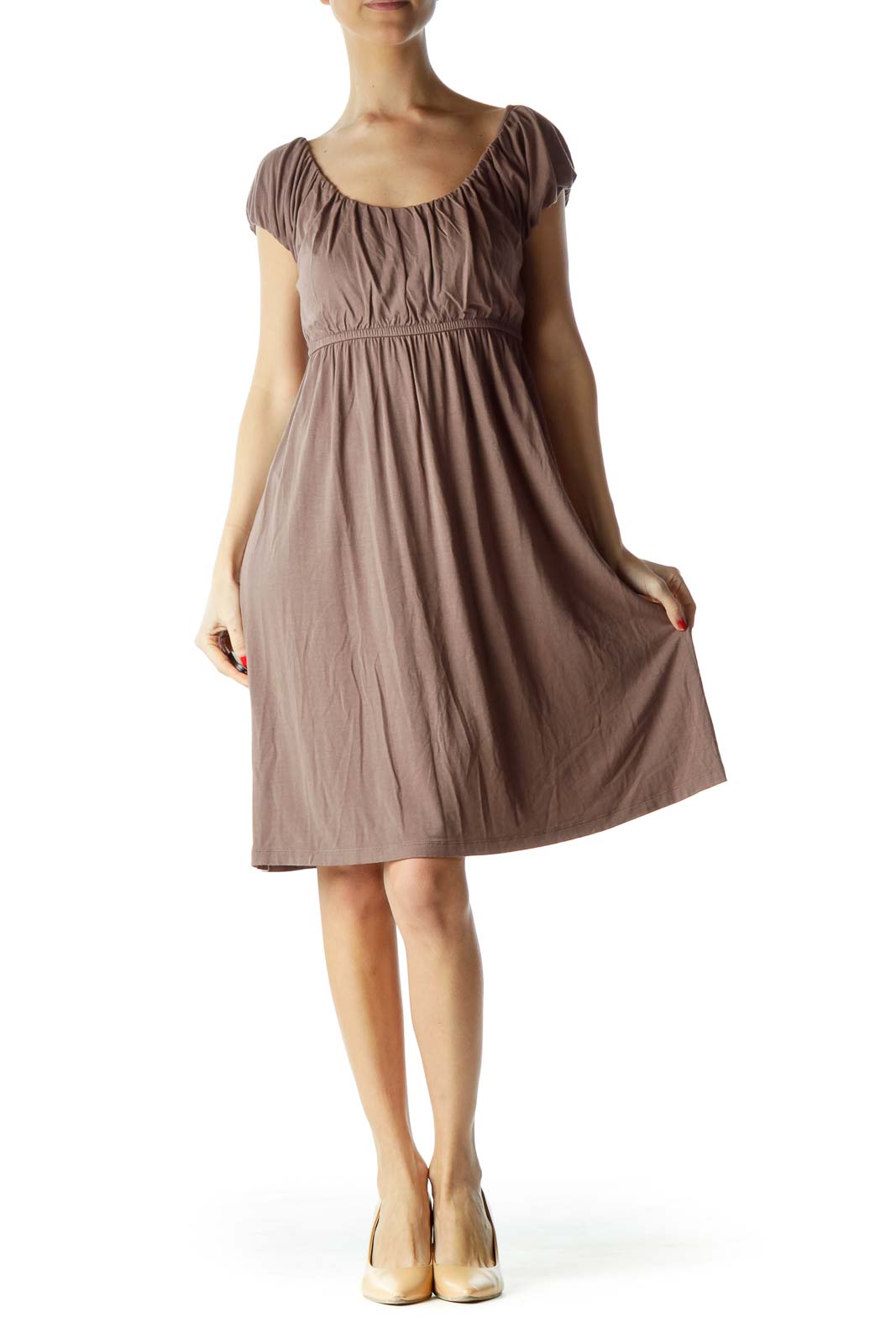 Brown Off-Shoulder Cap Sleeve Day Dress