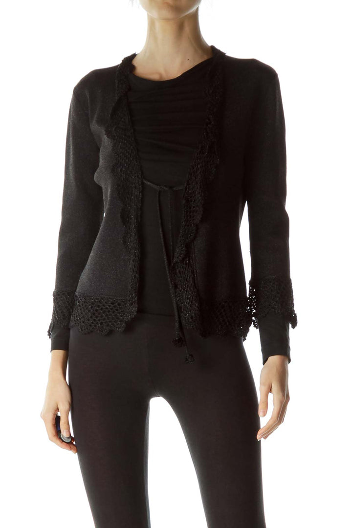 Black Metallic Knit Cardigan with Tassles