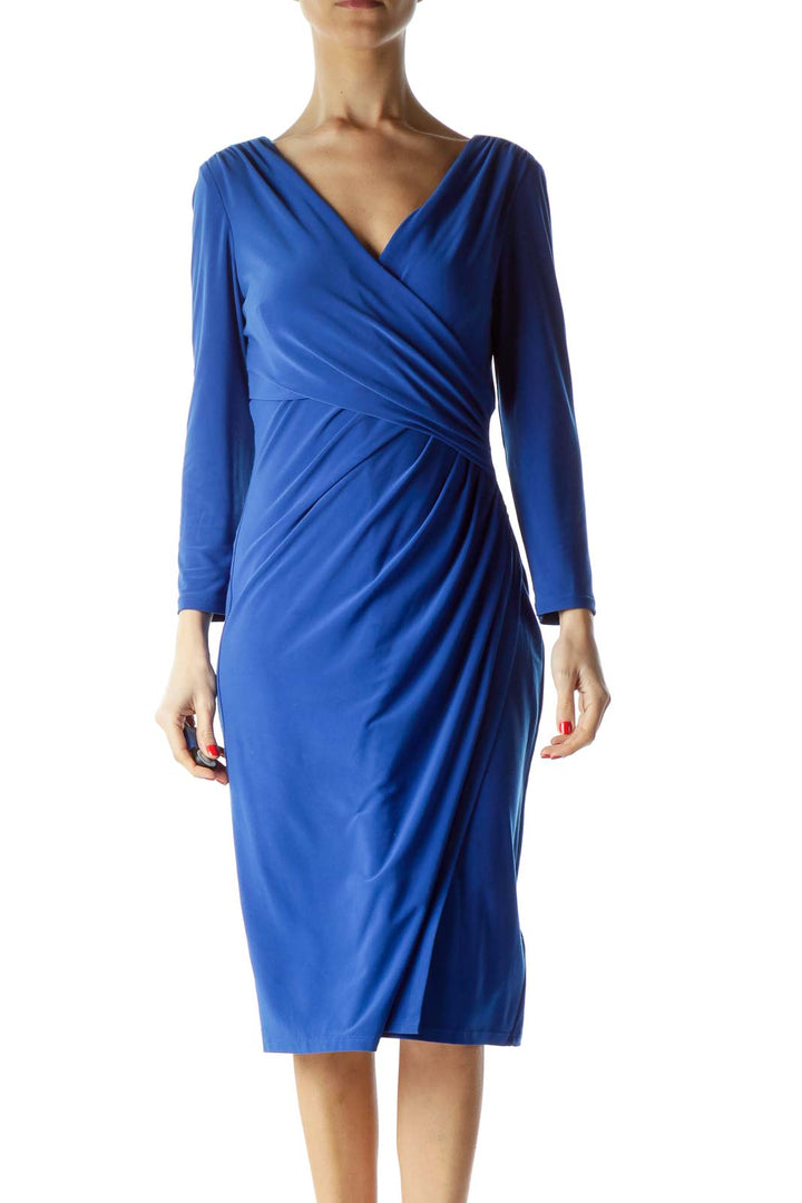 Blue Ruched 3/4 Sleeve Dress