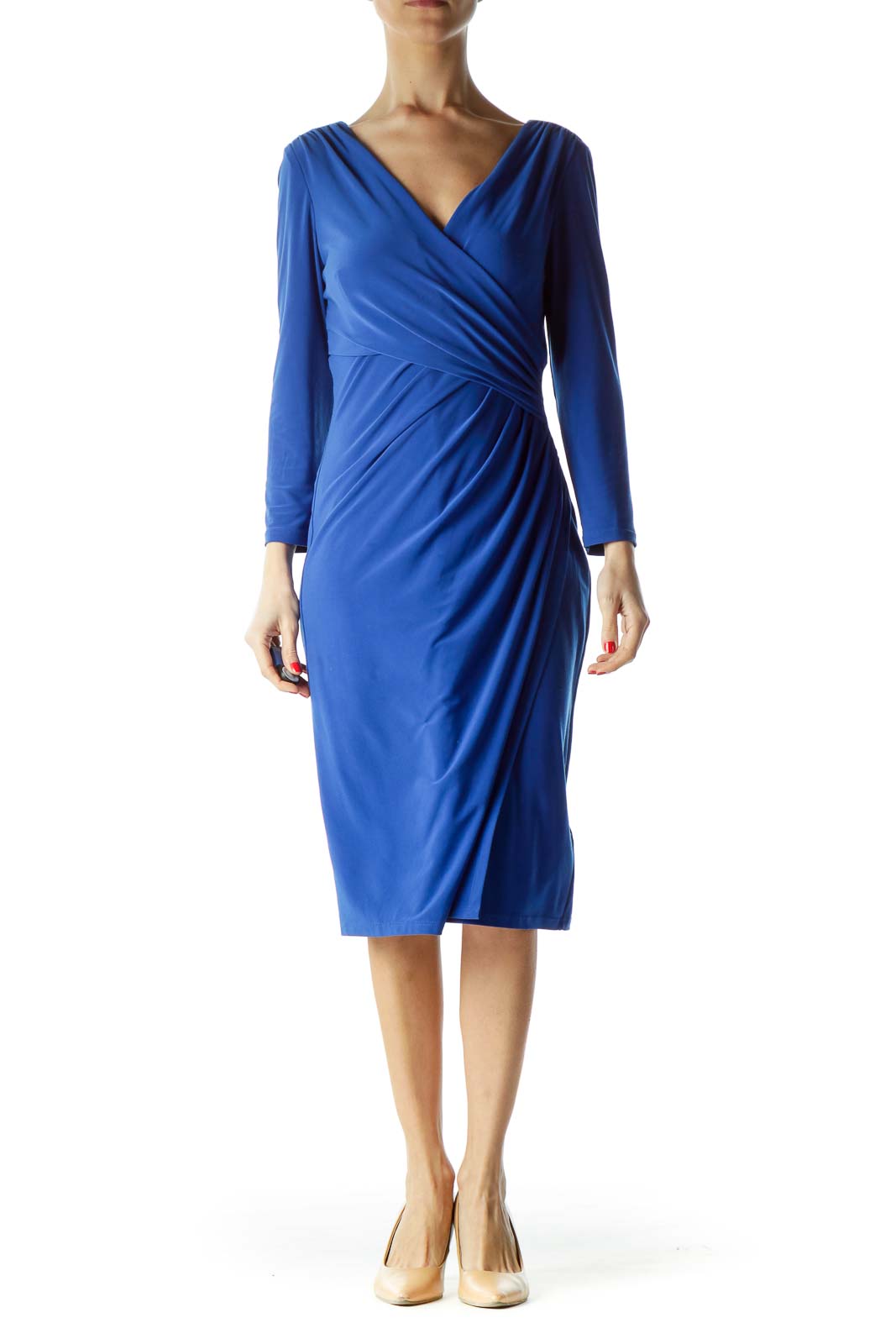 Blue Ruched 3/4 Sleeve Dress