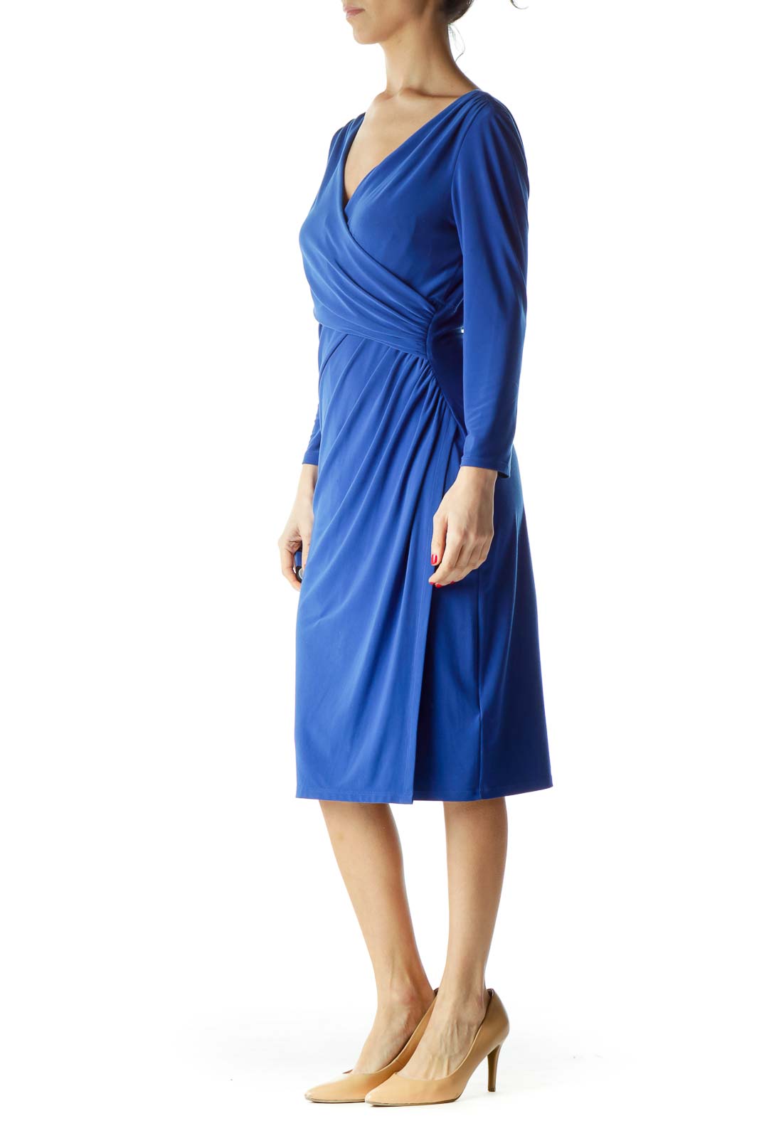 Blue Ruched 3/4 Sleeve Dress