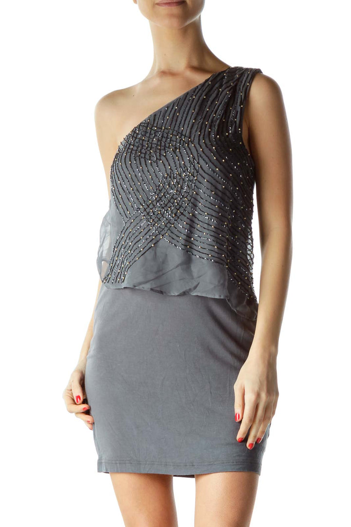 Gray Beaded Asymmetric Cocktail Dress