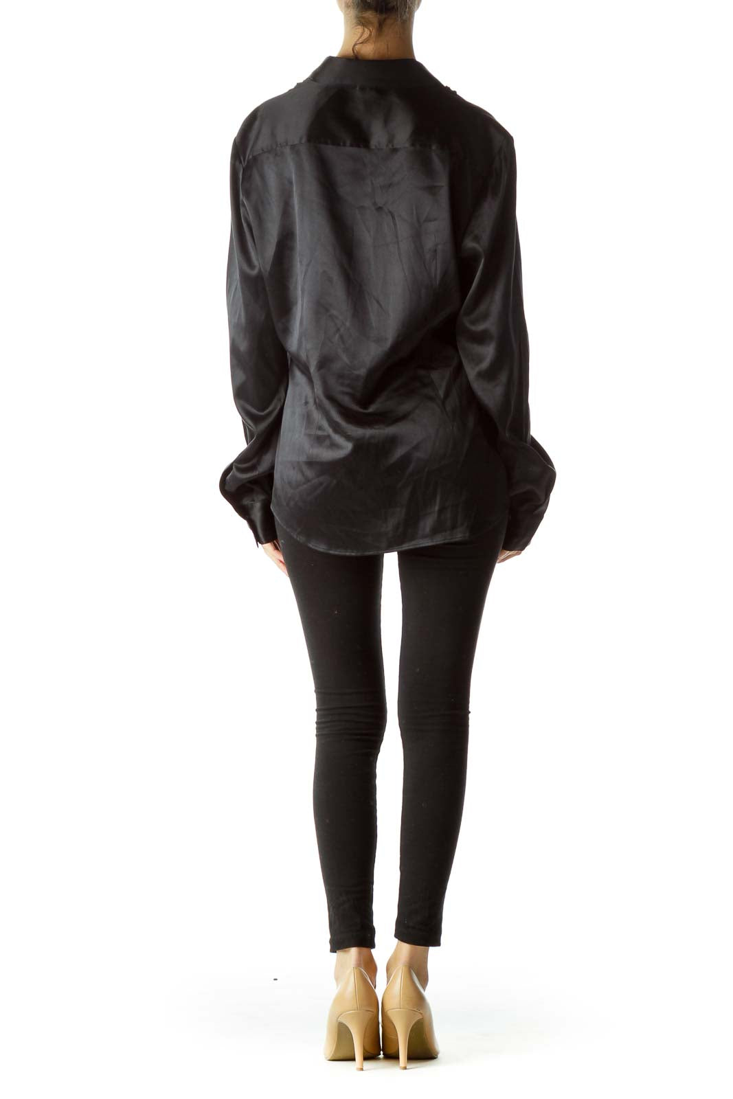 Black Short Front Ruffles Collared Shirt