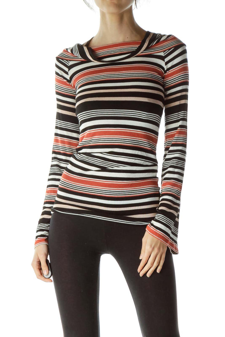 Front view of Free People multicolor striped cowl neck knit top