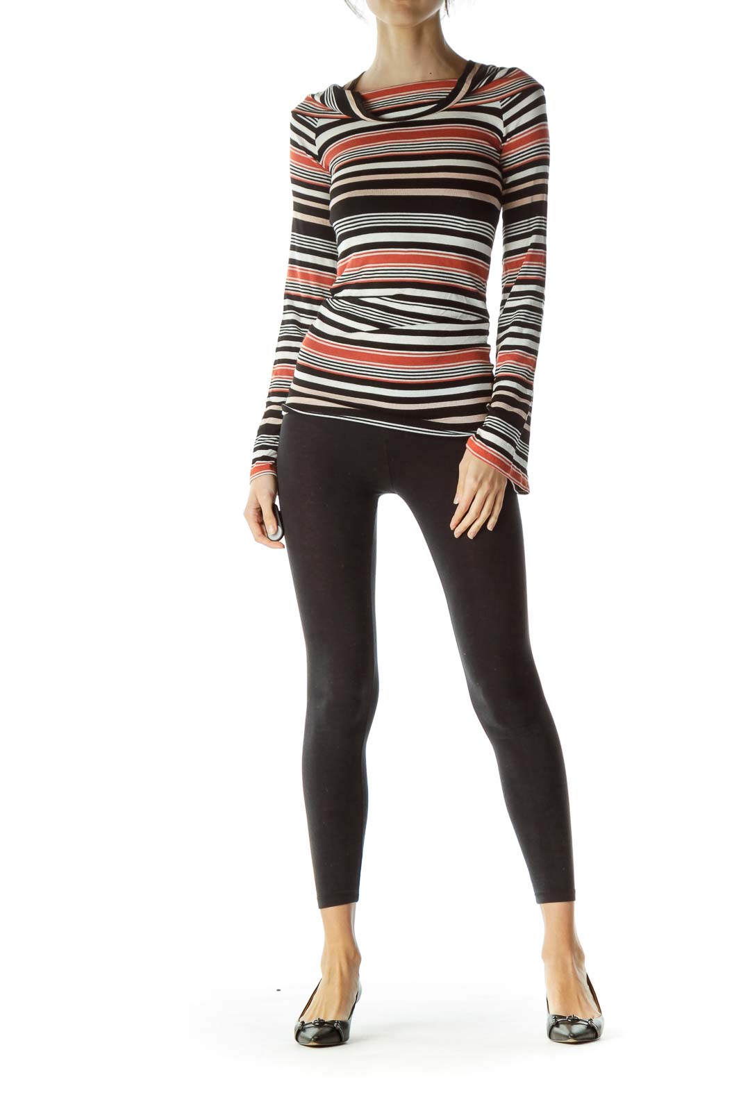 Front view of Free People multicolor striped cowl neck knit top