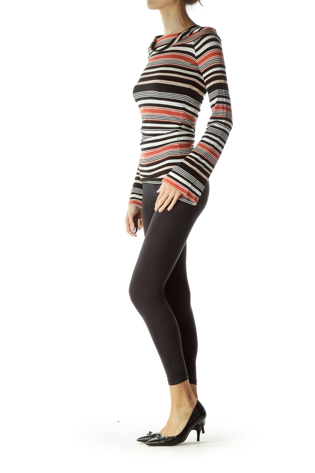 Front view of Free People multicolor striped cowl neck knit top