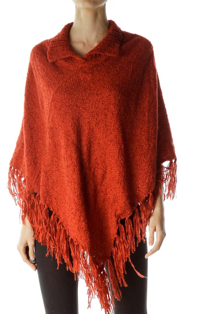 Orange Knitted High Neck Poncho