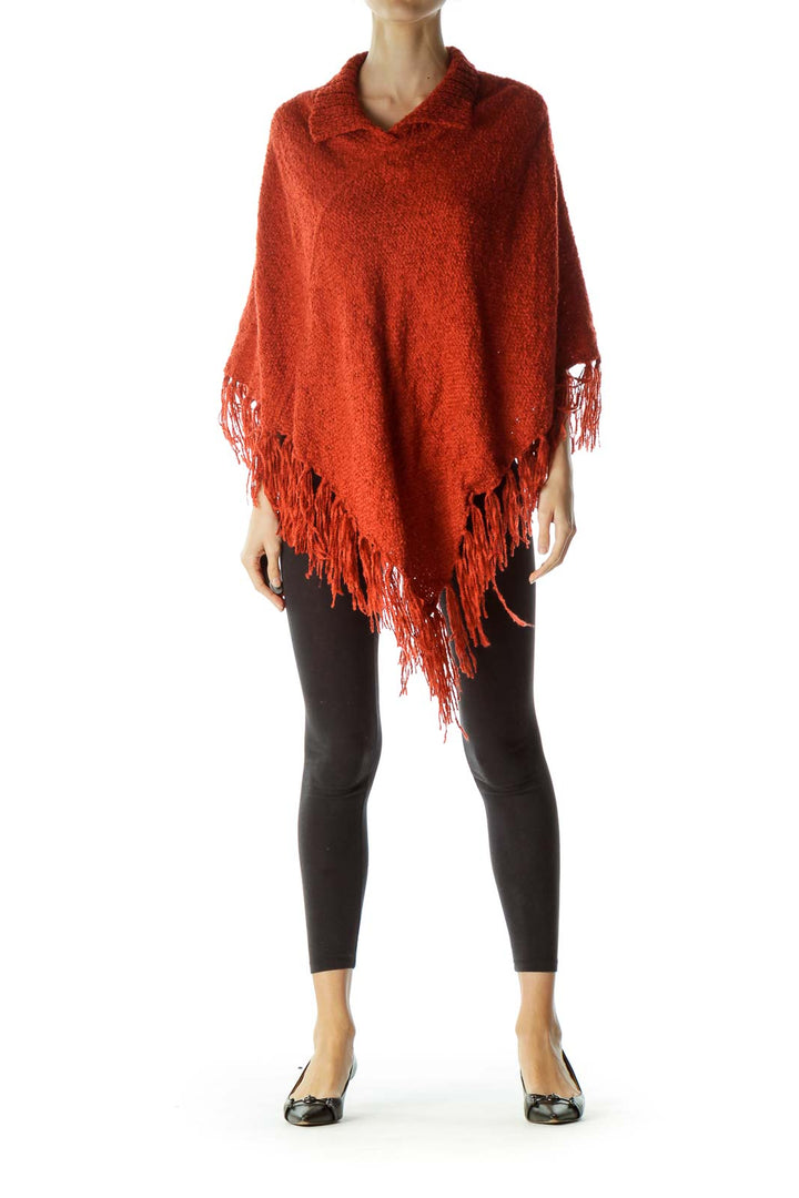 Orange Knitted High Neck Poncho