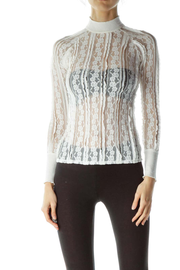 White High-Neck Lace Long Sleeve Blouse