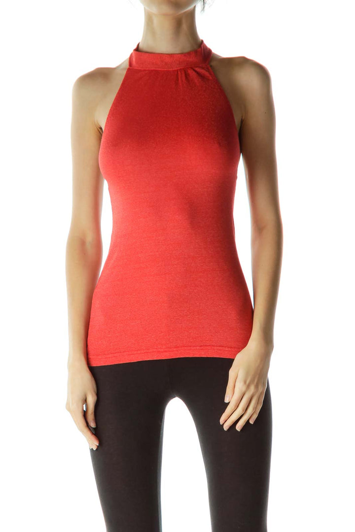 Red Metallic Knit Halter Neck Top