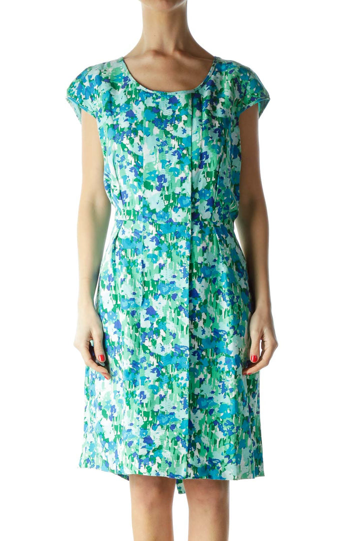 Green Print Linen Cap Sleeve Dress