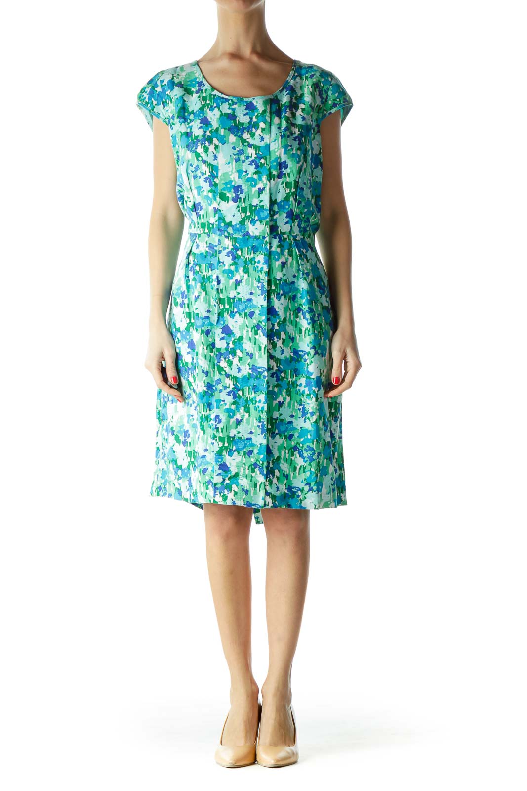 Green Print Linen Cap Sleeve Dress