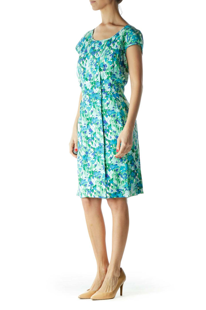 Green Print Linen Cap Sleeve Dress