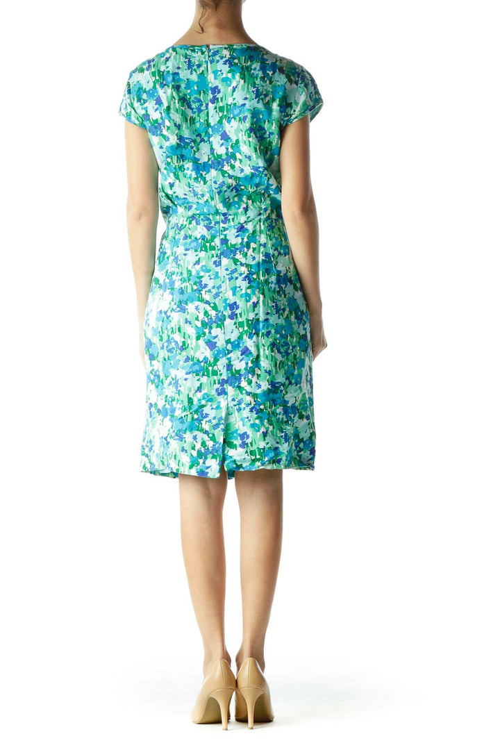 Green Print Linen Cap Sleeve Dress