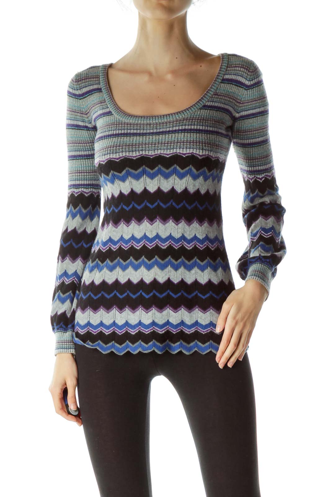 Front view of Free People blue striped chevron knit sweater