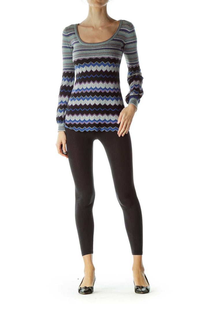 Front view of Free People blue striped chevron knit sweater