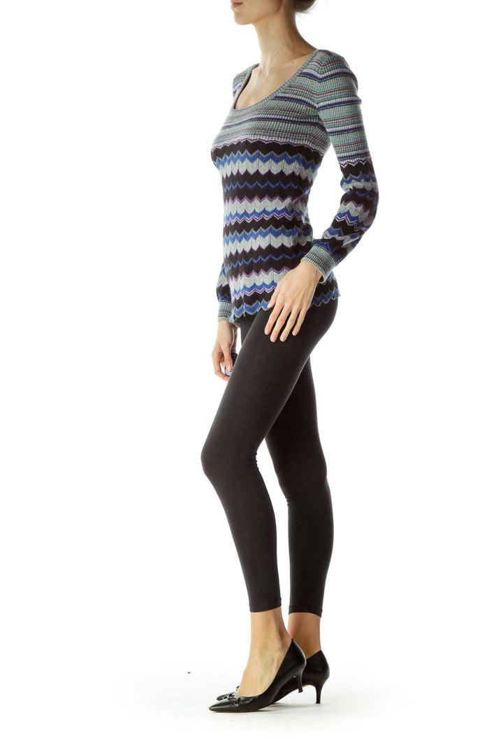 Front view of Free People blue striped chevron knit sweater