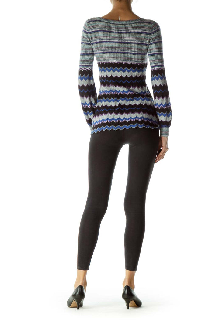 Back view of Free People blue striped chevron knit sweater