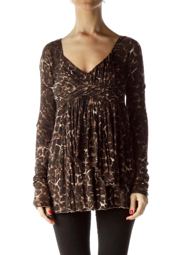 Brown Animal Print V-Neck Knot Top