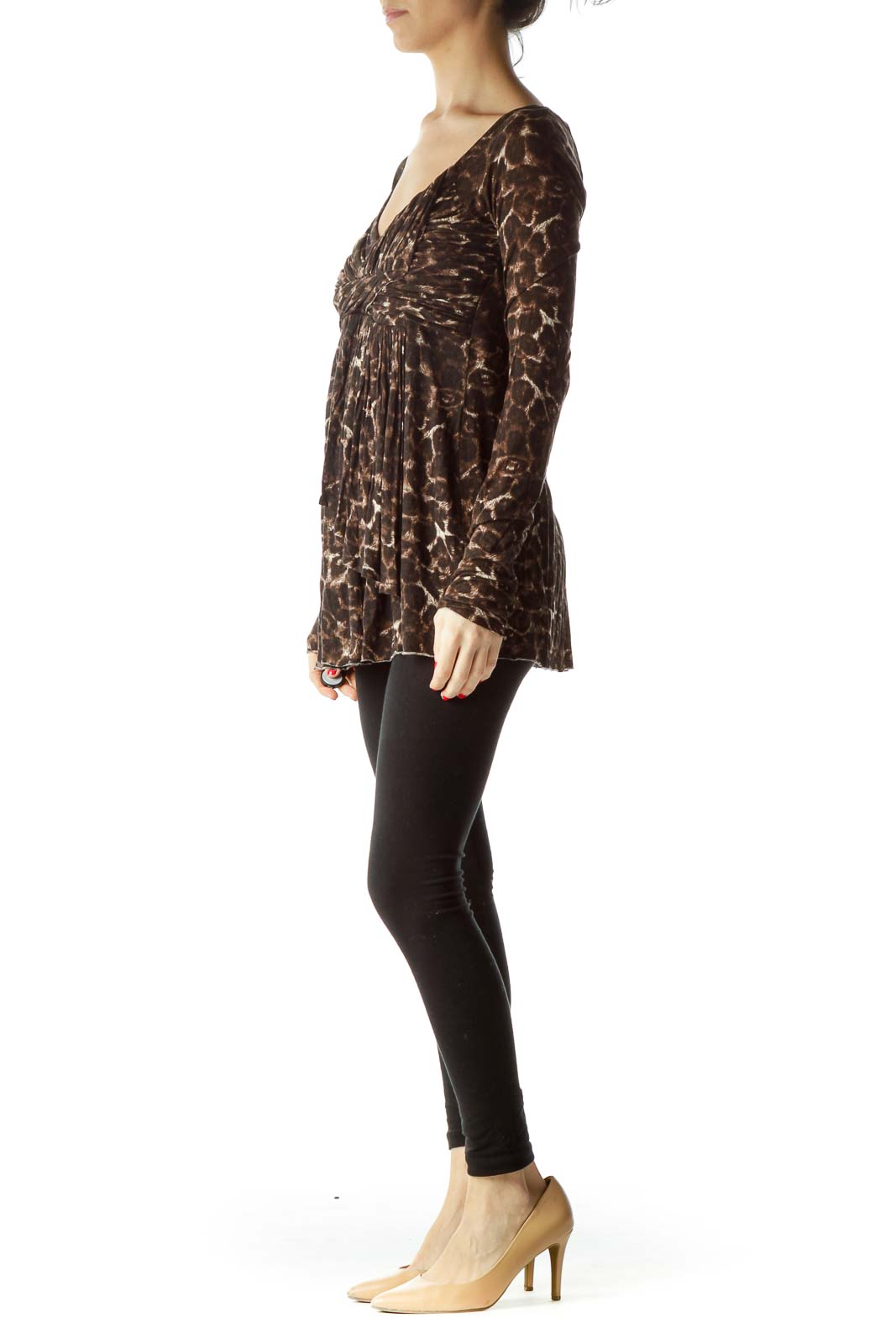 Brown Animal Print V-Neck Knot Top