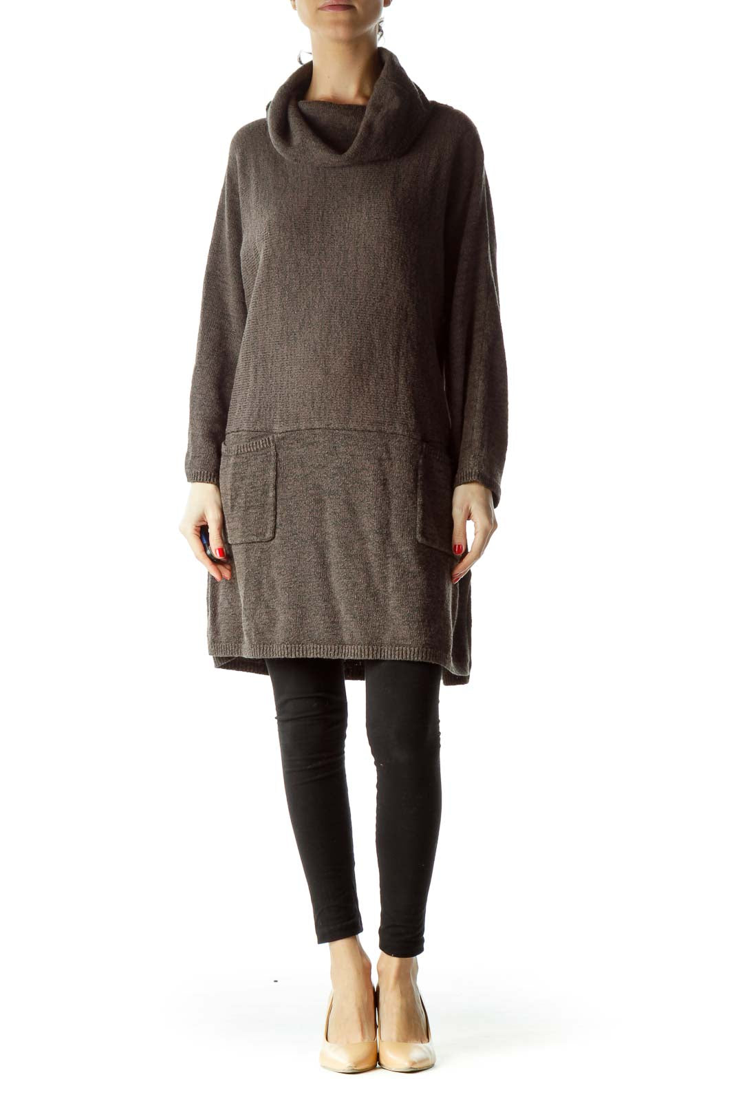 Gray Cowl Neck Pocketed Knit Dress