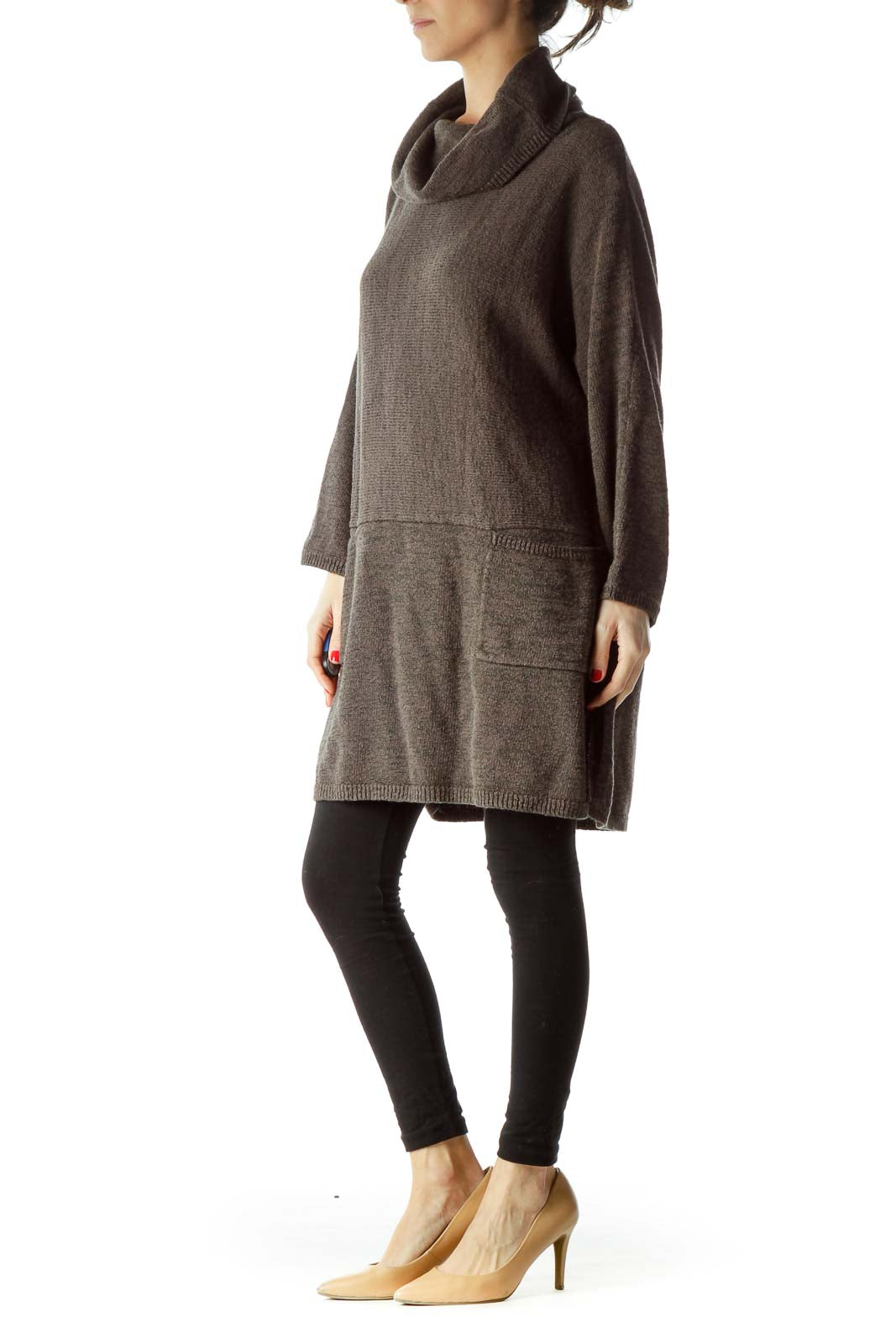 Gray Cowl Neck Pocketed Knit Dress