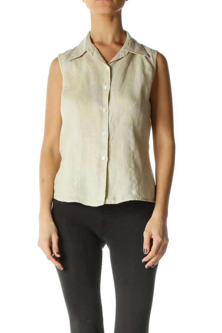 Beige Collared Buttoned 100% Linen Top