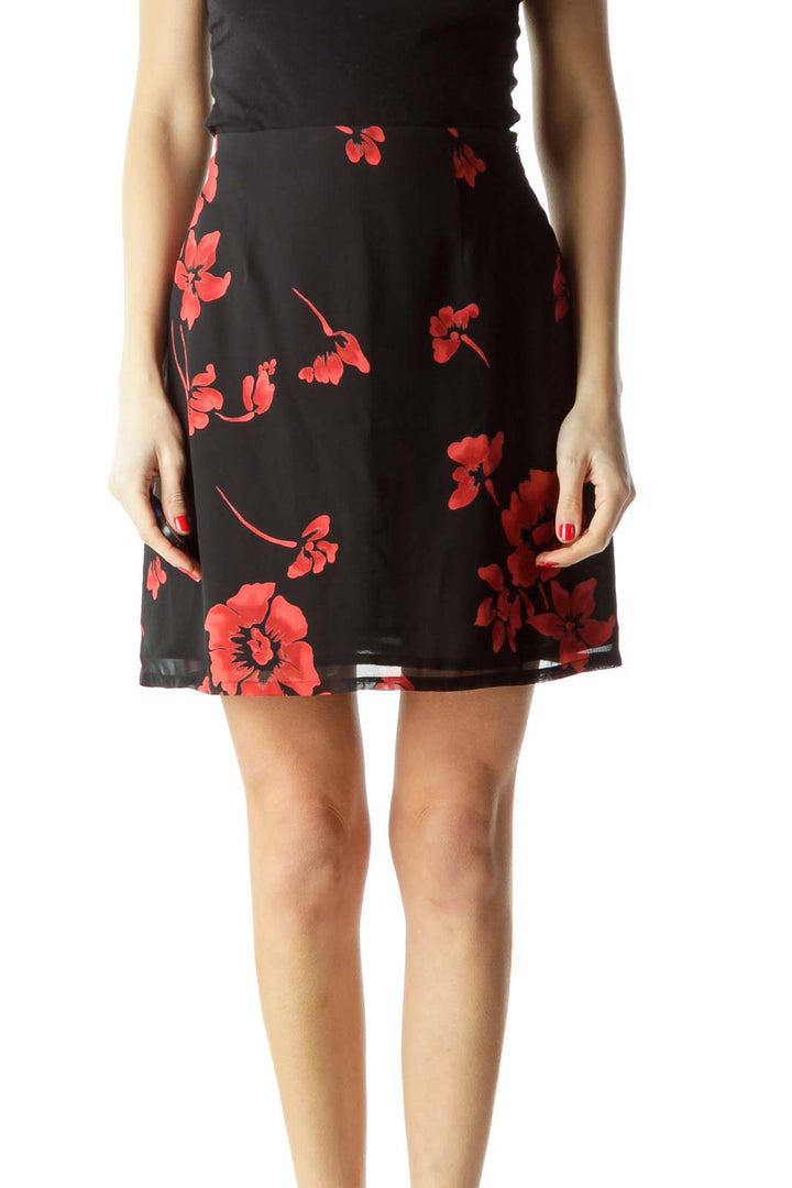 Black Red Floral Mini Skirt