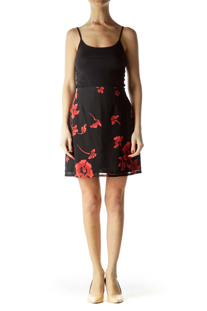 Black Red Floral Mini Skirt