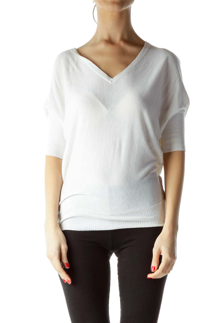 White V-Neck Knit Top