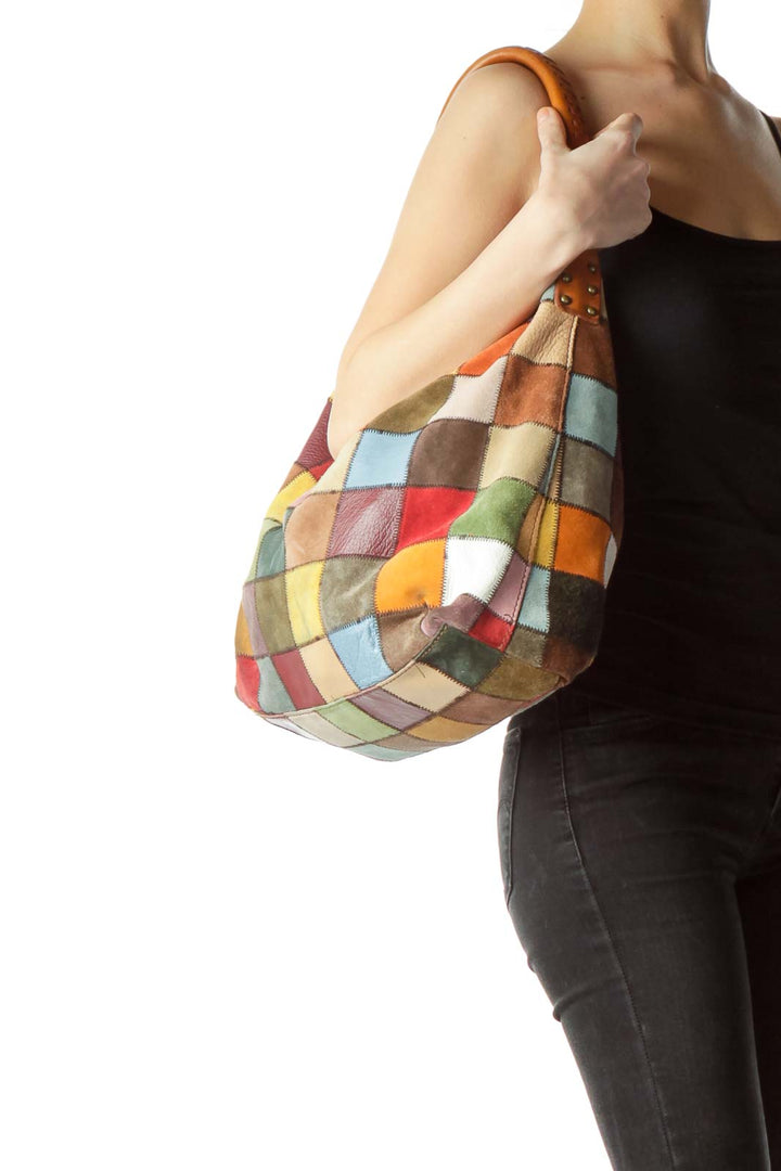 Multicolor Suede Checkered Bag