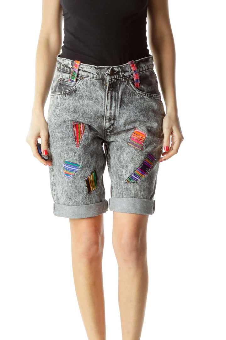 Gray Multicolor Patchwork Long Denim Shorts