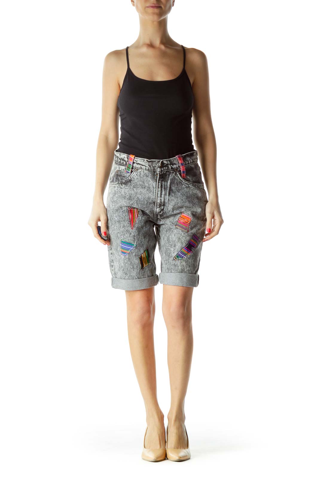 Gray Multicolor Patchwork Long Denim Shorts