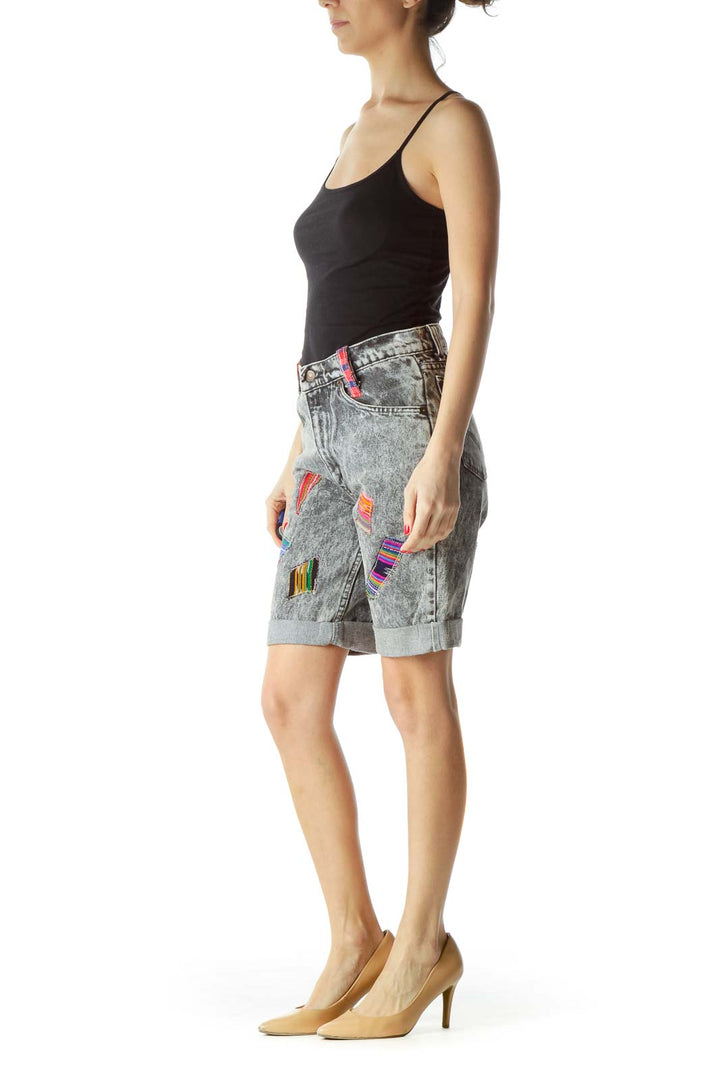 Gray Multicolor Patchwork Long Denim Shorts