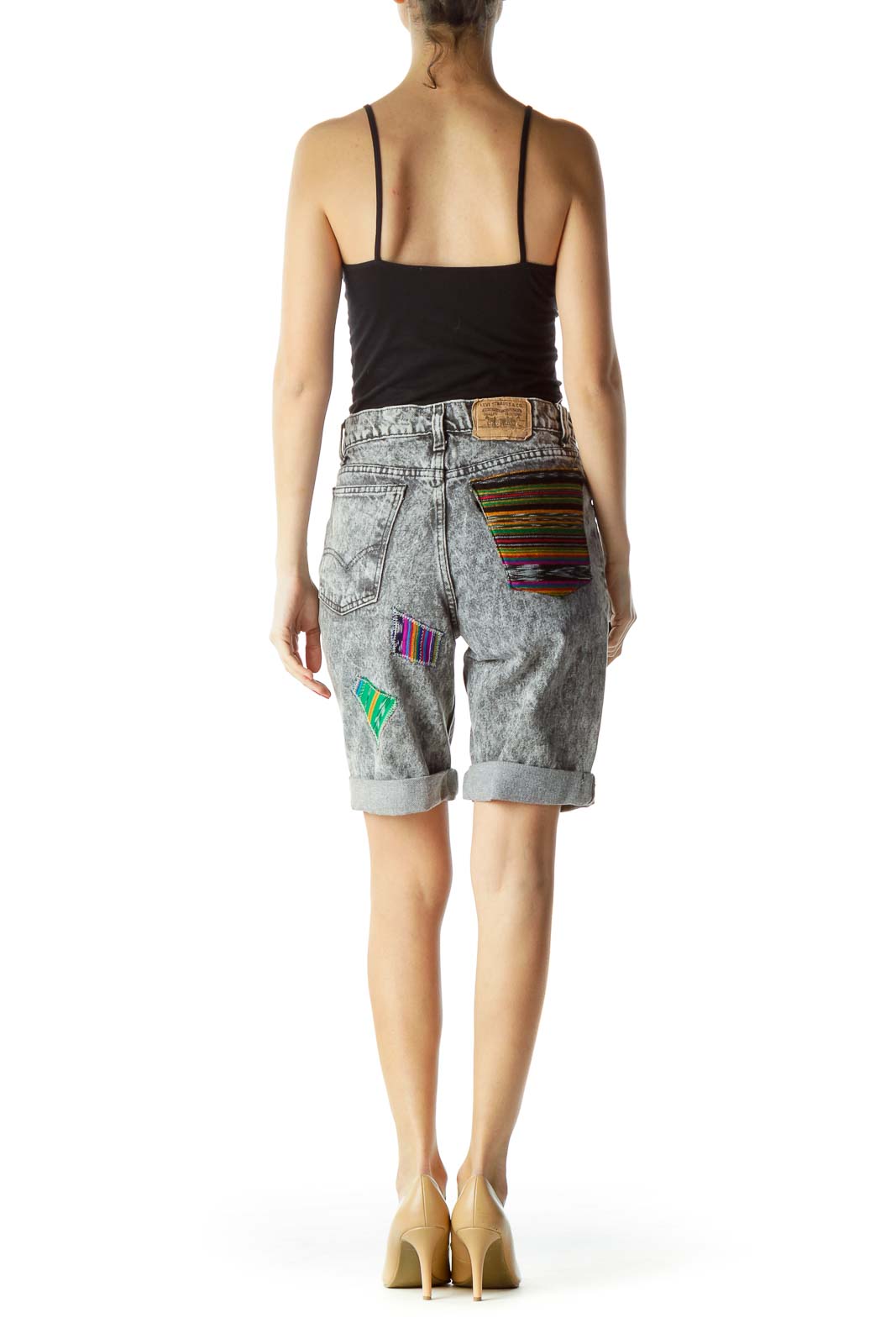 Gray Multicolor Patchwork Long Denim Shorts