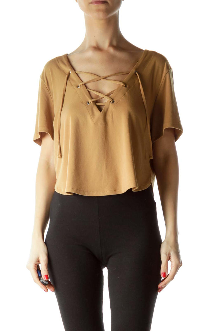 Gold V-Neck with Drawstring Short Sleeve Top