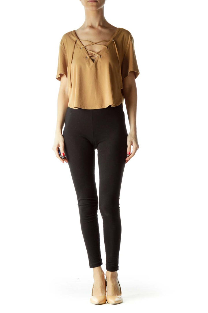 Gold V-Neck with Drawstring Short Sleeve Top